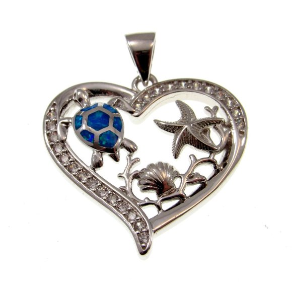 Solid 925 Sterling Silver and Blue Opal Sea Life Heart Pendant, Turtle & Shell - Picture 1 of 5